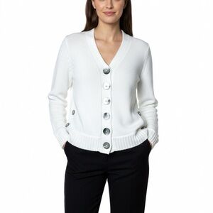 PURE HANDKNIT 100% Cotton White Button Front Cardigan Curved Hem M of P Buttons